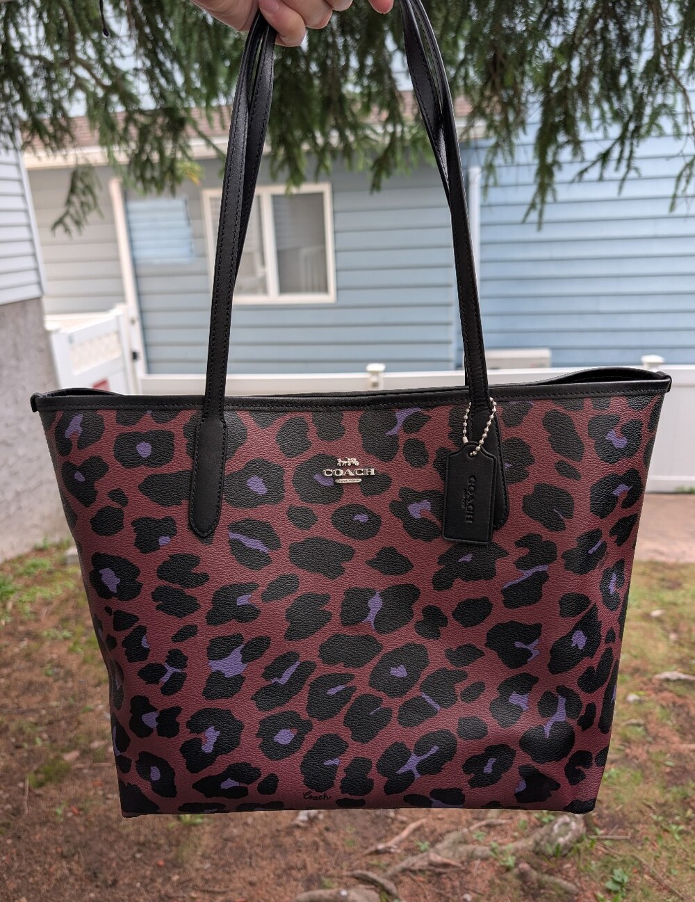 Coach Brown and Black Leopard Print Tote with Purple Accents